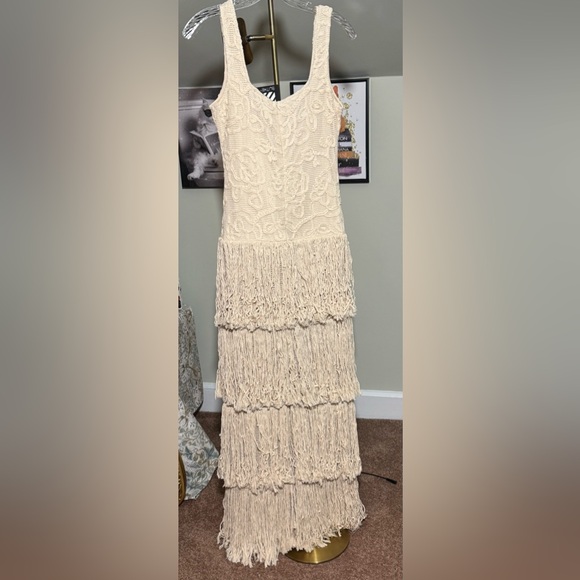 NWT Incredible Cream Crotchet Maxi Dress w/ Lots of Fringe Details Retail $1699! - Picture 2 of 12